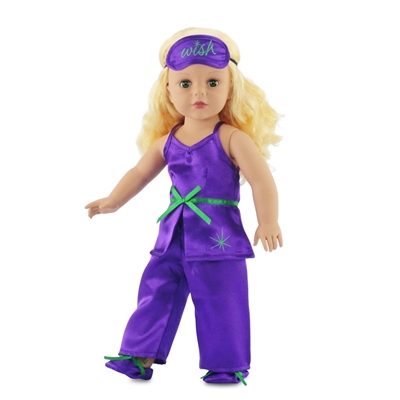 18-inch Doll Clothes - Purple Satin Pajamas/PJs with Green Trim, includes Eye Mask, Slippers - fits American Girl ® Dolls