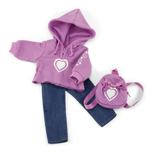 18-inch Doll Clothes - Hooded Sweatshirt / Heart Design and Skinny Jeans,  Includes Belt and Matching Backpack - fits American Girl ® Dolls