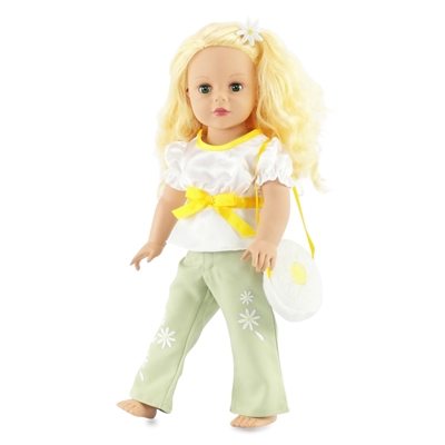 18-inch Doll Clothes - Spring Floral Outfit with White Satin Top and Khaki Pants and Backpack - fits American Girl ® Dolls