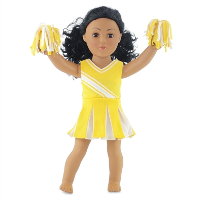 18-inch Doll Clothes - Yellow and White Cheerleader Outfit with Matching Pom Poms - fits American Girl ® Dolls