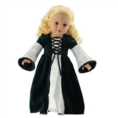 18-inch Doll Clothes - Green Velvet Medieval Gown with Ivory Satin Trim - fits American Girl ® Dolls
