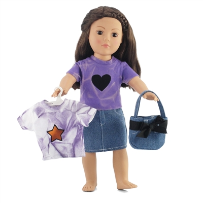 18-inch Doll Clothes - Denim Skirt and Purse with 2 Tie-Dye Tee Shirts - fits American Girl ® Dolls