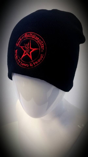 Stretch Beanie Black with Red Wear It Loud & Proud! logo Stocking Cap Winter Hat Rock and Roll Heavy Metal Biker clothing apparel accessories lifestyle Rock n Roll GangStar Apparel