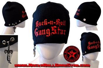 Custom Stretch Beanie with Rock-n-Roll GangStar red lettering sword & rings pendant Rock n Roll Heavy Metal hats accessories
