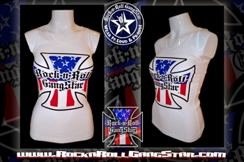 Red White & Blue Iron Cross Boy Beater Tank Top Biker Motorcycle Rock n Roll Heavy Metal girls t shirt