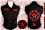Wear It Loud & Proud! tm denim biker vest with custom patch work red & black Rock n Roll Heavy Metal biker clothing shirt Rock n Roll GangStar