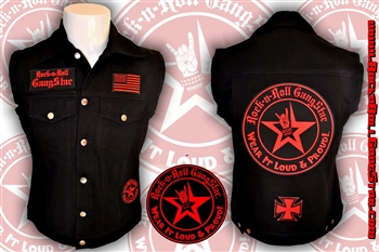 Wear It Loud & Proud! tm denim biker vest with custom patch work red & black Rock n Roll Heavy Metal biker clothing shirt Rock n Roll GangStar