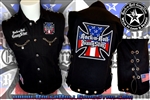 Red White & Blue Iron Cross denim biker vest with custom patch work chains grommets & lacing Rock n Roll Heavy Metal biker clothing shirt Rock n Roll GangStar