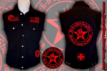 Wear It Loud & Proud! tm denim biker vest with custom patch work red & black Rock n Roll Heavy Metal biker clothing shirt Rock n Roll GangStar
