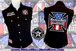 Red White & Blue Iron Cross denim biker vest with custom patch work Rock n Roll Heavy Metal biker clothing shirt Rock n Roll GangStar