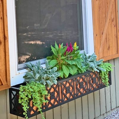 60" Nottingham Aluminum Window Box With Ornamental Wrought Iron X-Pattern And Flower