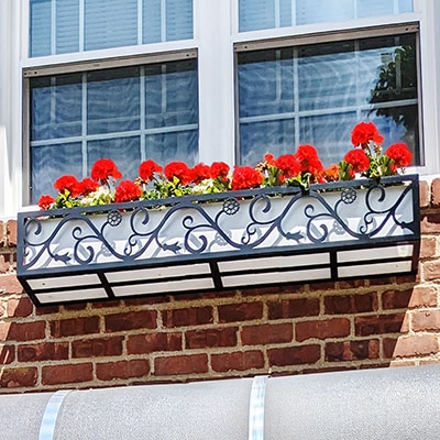 96" Vienna Black Wrought Iron Window Box With Flower Design