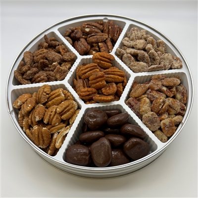 Tin of pecans,seven flavors of pecans plus some unfklavored. great gift for pecan lovers