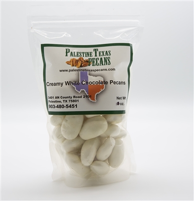 half kernel pecans, coated in white chocolate, great for snacking,