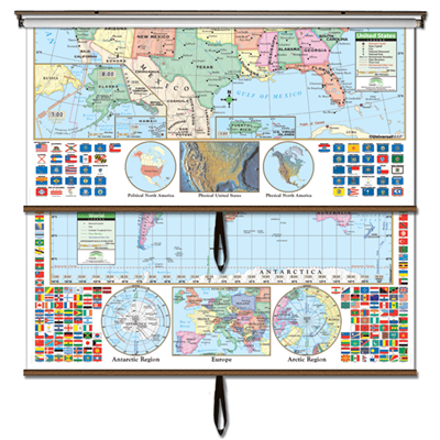 US/World Primary Combo Classroom Wall Map on Roller w/ Backboard