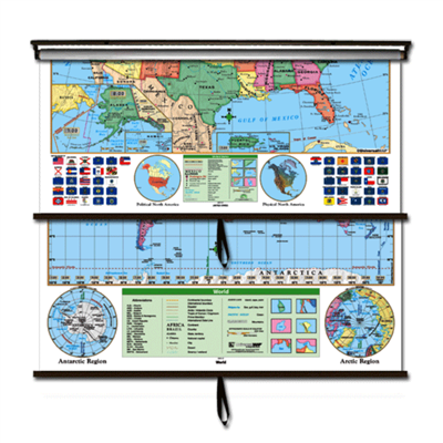 US/World Essential Combo Classroom Wall Map on Roller w/ Backboard