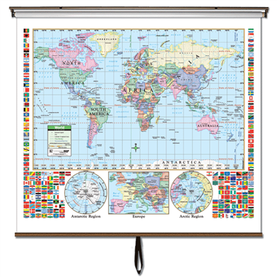 World Primary Classroom Wall Map on Roller w/ Backboard