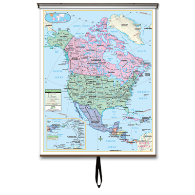 North America Primary Classroom Wall Map on Roller w/ Backboard