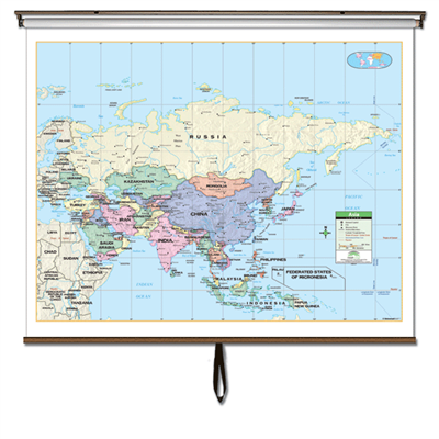 Asia Primary Classroom Wall Map on Roller w/ Backboard