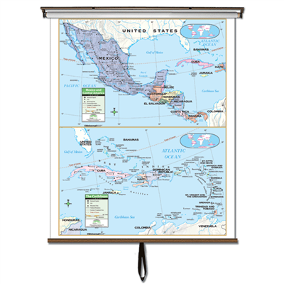 Central America Primary Classroom Wall Map on Roller w/ Backboard