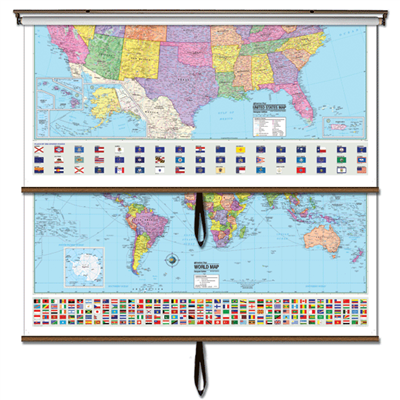 US/World Advanced Political Classroom Combo Wall Map on Roller w/ Backboard