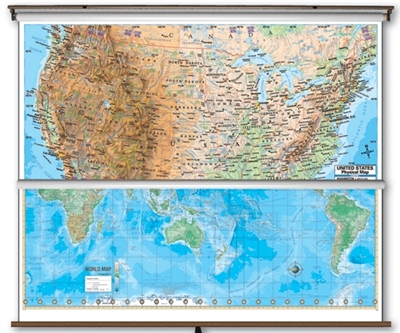 US/World Advanced Physical Classroom Combo Wall Map on Roller w/ Backboard