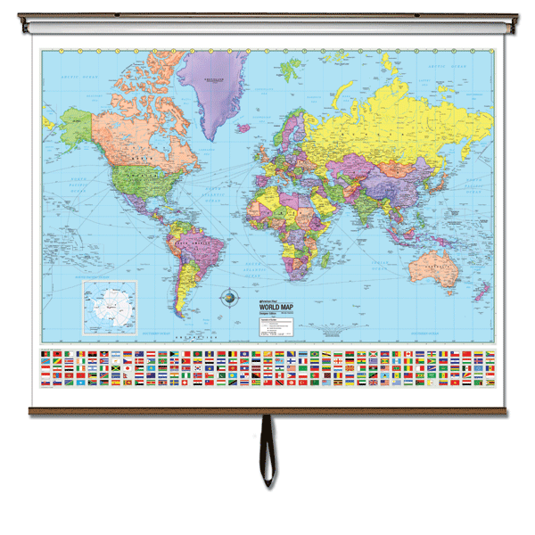 World Advanced Political Classroom Wall Map on Roller w/ Backboard 63 x 54