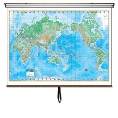 World Advanced Physical Classroom Wall Map on Roller w/ Backboard