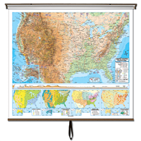 US Advanced Physical Wall Map on Roller w/ Backboard