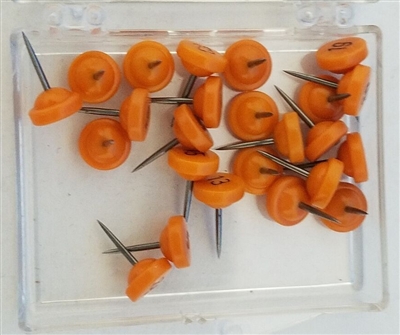 Orange numbered map pins by Moore Map Tack. 100/box. 1/4" head and 5/16" shaft length.