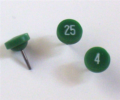 Dark green numbered map pins by Moore Map Tack. 100/box. 1/4" head and 5/16" shaft length. 201-300