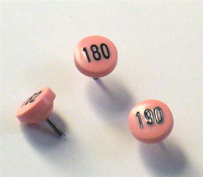 Pink numbered map pins by Moore Map Tack. 100/box. 1/4" head and 5/16" shaft length.