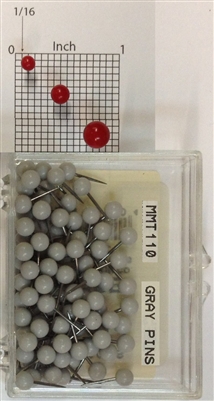 Gray, medium, round-head Map Pins 100/box. 1/8" head and 5/16" shaft length.