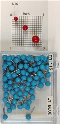 Light Blue, medium, round-head MAP PINS 100/box. 1/8" head and 5/16" shaft length.