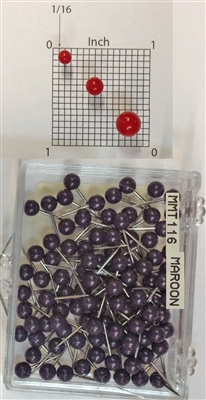Maroon color, medium, round-head Map Pins 100/box. 1/8" head and 5/16" shaft length.