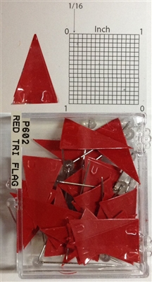 P600 series red, triangular "pennant" shaped map pins / flags. 25 to box. 1/8" clear headed pin