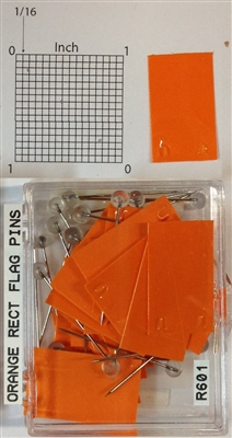 #r600 series orange, rectangular shaped map pins / flags. 25 to box. 1/8" clear headed pin