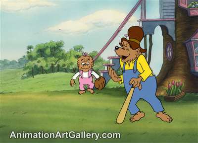 Production Cel with Matching Drawing of Sister Bear and Papa Bear from The Berenstain Bears Play Ball