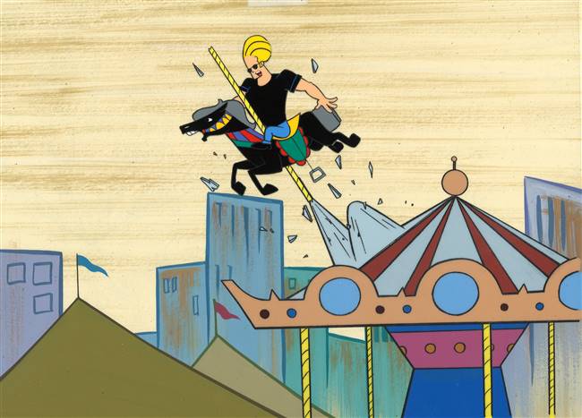 Original Master Background, Production Cel and matching drawings of Johnny Bravo from Johnny Bravo