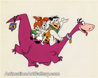 Sericel of the Flintstones and Dino from Hanna-Barbera Studio