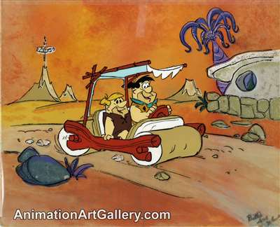 Publicity Cel on Master Background of Fred Flintstone and Barney Rubble from The Flintstones