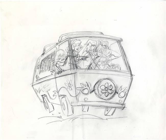 Original Publicity Drawing of Scooby and the Gang in the Mystery Machine from Scooby Doo (1990s/00s)