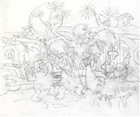 Original Publicity Drawing of the Flintstones and the Rubbles from The Flintstones (1990s/00s)