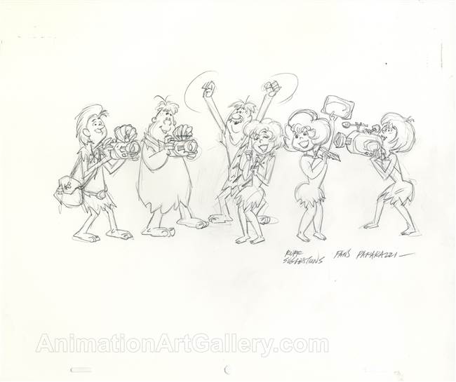 Original Publicity Drawing of Fans and Paparazzi from the Flintstones