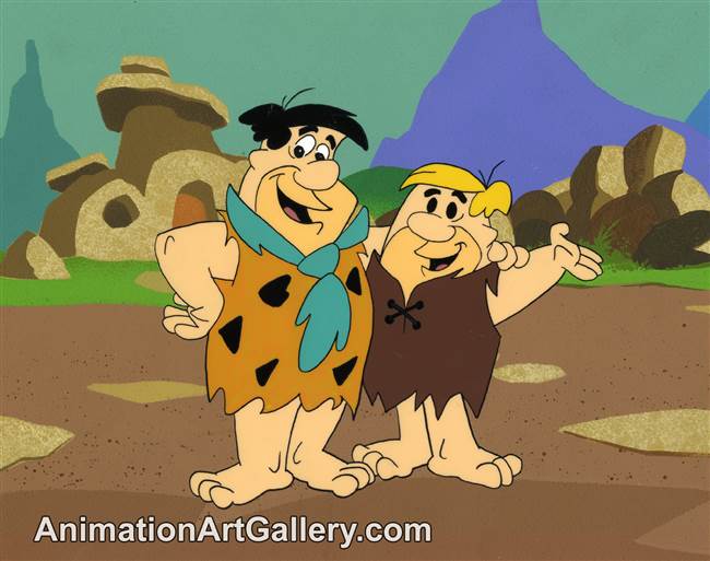 Publicity Cel on Production Background of Fred Flintstone and Barney Rubble from The Flintstones (c.1980s)