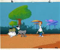 Original Production Background and Production Cel of George Jetson, Alien, and Astro from the Jetsons (1980s)
