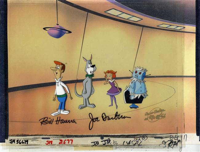 Original Production Background and Production Cel of George, Judy, Astro and Rosy from The Jetsons Movie (1990)