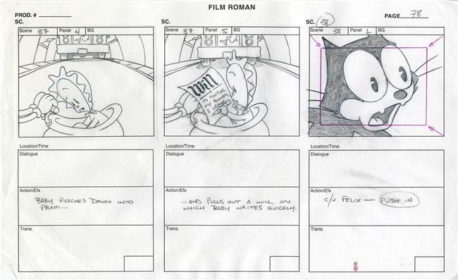 Original Production Storyboard Drawings of Felix the Cat and a Baby from The Twisted Tales of Felix the Cat