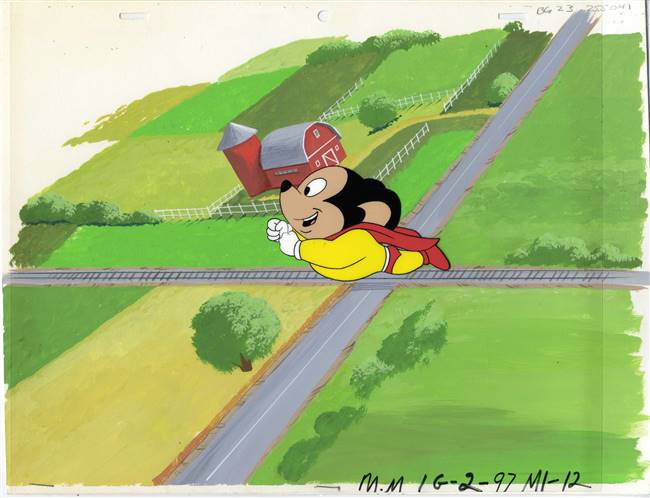 Original Production Background and Production Cel of Mighty Mouse from The New Adventures of Mighty Mouse and Heckle & Jeckle (1970s)