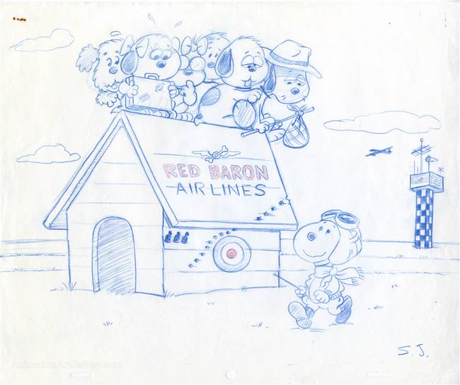 Original Publicity Drawing of Snoopy and Dogs Flying Red Baron Airlines from The Peanuts